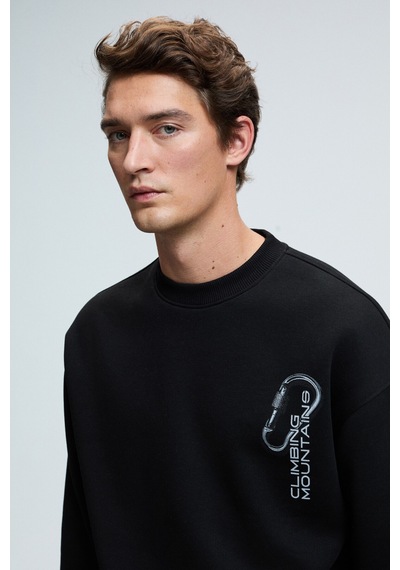 Grimelange ALDEN Erkek Yuvarlak Yaka Göğsü Ve Sırtı Baskılı Relaxed Fit Siyah Sweatshirt