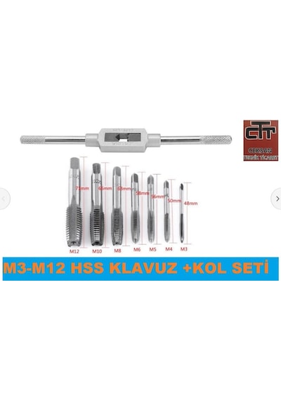 Klavuz Seti+Kol M3-M4-M5-M6-M8-M10-M12 Metrik Diş Açma Klavuzları