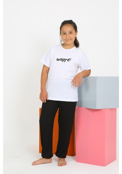 Akbeniz Kız Çocuk Kısa Kol Beyaz Penye Pijama Takım 20432
