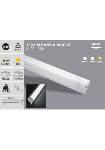 40w 120 Cm Led Bant Armatür, Beyaz Işık Yl98-1200 Beyaz