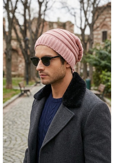 Ritagarcia Unisex Arkası İpli Büzgülü Triko Bere Kışlık Dökümlü Slouchy Beanie Bere Pudra