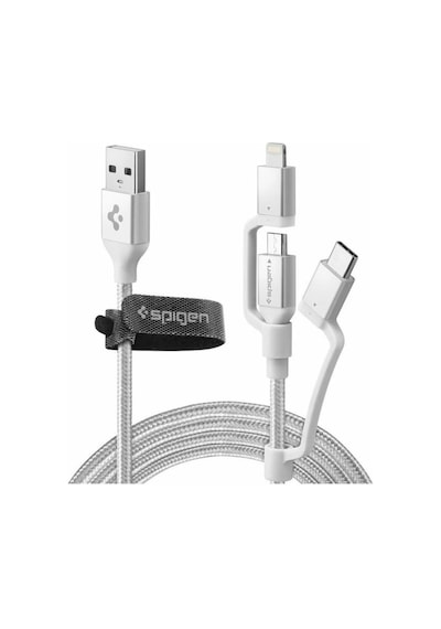 Spigen Essential 3in1 Lightning + USB-C + Micro USB Dayanıklı Naylon Örgü Hızlı Şarj ve Data Kablo MFI Lisanslı (1.5 Metre) C10i3 Silver - 000CB23017