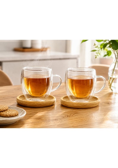2'li Çift Cidarlı Cam Kupa 90 Ml & Bambu Tabak Seti Isı Korumalı Şeffaf Cam Kahve Fincan Takımı Çok Renkli