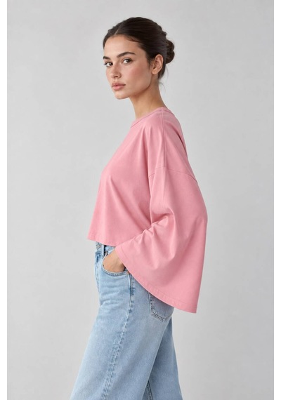 Genel Markalar Kadın Oversize Crop Geniş Kollu Basic Sweatshirt Pembe