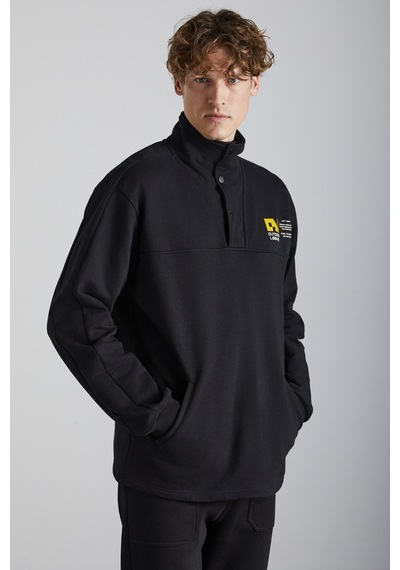 Grımelange Galıcıa Erkek Diagonel Kumaşlı Dik Yakalı Çıtçıt Kapamalı Baskılı Siyah Sweatshirt