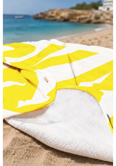 Sarı Okay Yazı Tipografik Plaj Havlusu - Modern Minimal Beyaz Hızlı Kuruyan Mikrofiber Havlu Kuru İncir