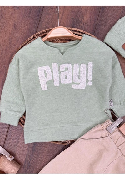 Bebicix Bereli Likralı Play Nakışlı Kanvars Pantolon 3lü Erkek Bebek Yesil