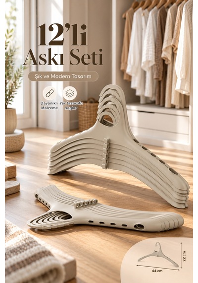 Porsima Bej Harmoni 12'li Elbise Askısı Seti-kaydırmaz Tasarımlı 44 Cm
