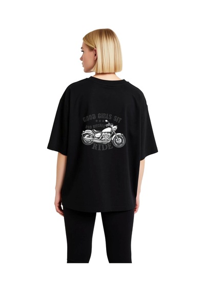 Paybuy Motosiklet Ruhu Ve Özgürlük Baskılı Kadın Oversize Tişört Siyah