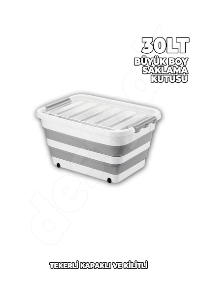 30 Lt Yer Kaplamaz Dev Saklama Kutusu - Katlanır Kapaklı Kilitli Tekerlekli - Akordiyon Saklama Kabı Beyaz - Gri