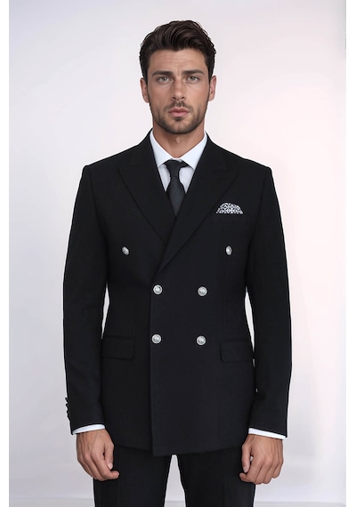 Gümüş Düğmeli Slim Fit Kruvaze Siyah Erkek Takım Elbise Wessi Siyah
