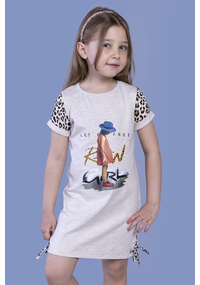 Toontoy Kız Çocuk Leopar Detaylı Baskılı Elbise Kahve Melanj