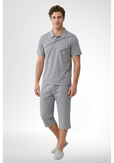 Mecit Pijama Mecit 4007 Gri Büyük Beden %100 Pamuk Kapri Erkek Pijama Takımı