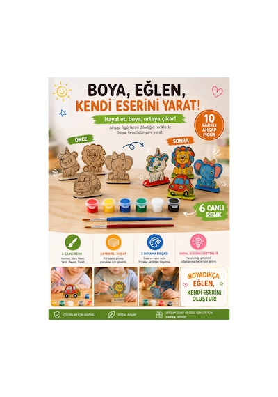 Çocuklar İçin 10 Adet Eğitici Ahşap Boyama Seti Yaratıcı Oyuncak Boya + Fırça Dahil Kahverengi