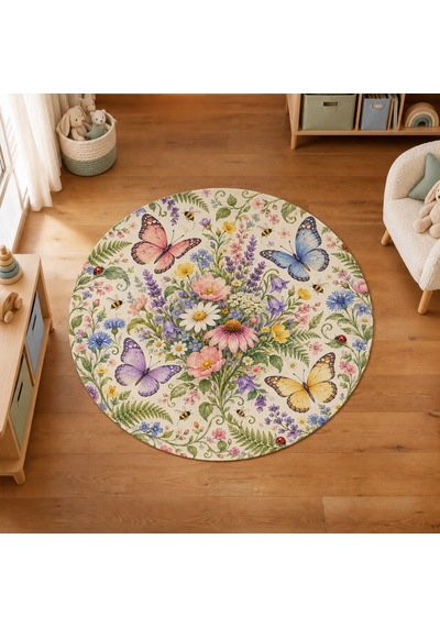 Kartela Halı Kelebek Bahçesi Yuvarlak Çocuk Oyun Halısı Kaymaz Dot Taban Yıkanabilir 120 Cm Çap