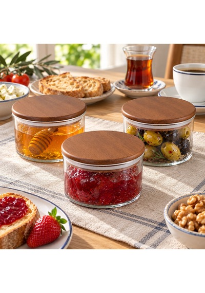 Akasya Kapaklı Cam Kavanoz 450 Ml- Üçlü Set Kahverengi