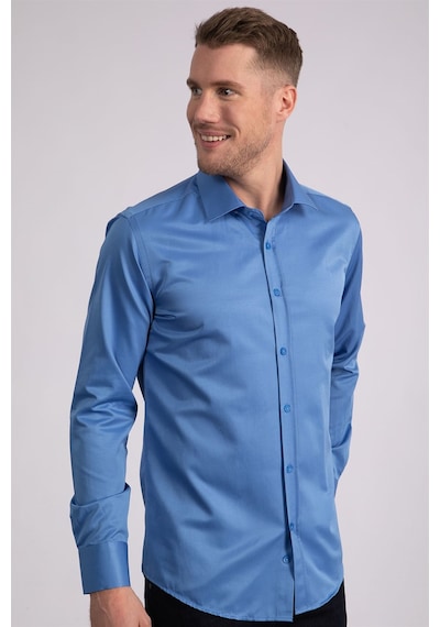 Tudors Modern Slim Fit Düz Saten Erkek Gömlek-23052 Mavi
