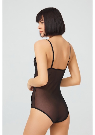 Cottonhill Siyah Çıtçıtlı Dantelli Transparan Balensiz Bodysuit Siyah