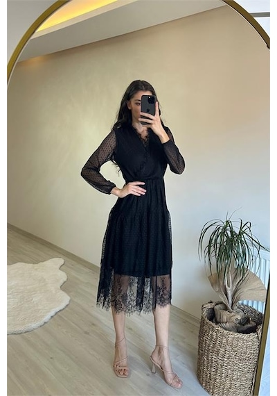 Neşeli Butik Kadın Kruvaze Yaka Dantelli Tül Elbise Nm010 Siyah