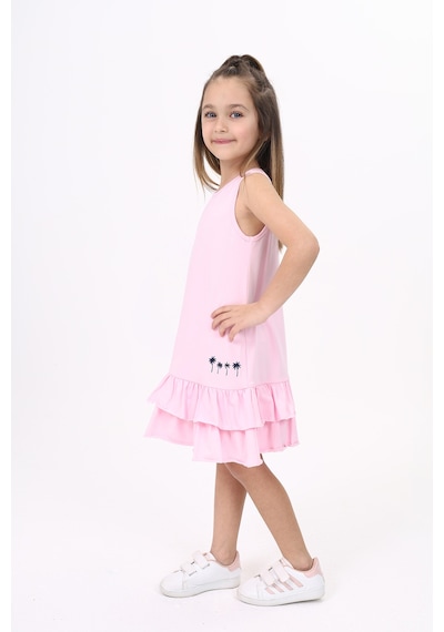 Toontoy Kız Çocuk Palmiye Baskılı Fırfırlı Elbise Açık Pembe