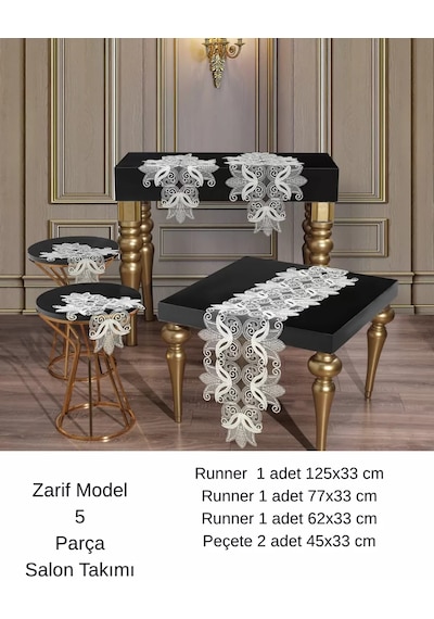 Çeyizlik Zarif Model Simli Oksit Renk Dantelli Masa Örtüsü Runner Seti 5 Parça Sarı