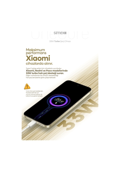 Simex Xiaomi, Redmi, Poco, Uyumlu 33 Watt Hızlı Turbo Şarj Başlığı Ce Belgeli Sps-19