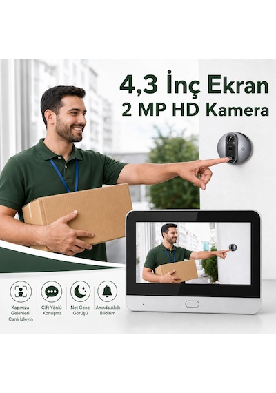 Cmr101 Kapı Zilli Kameramı Ekranlı Güvenlik Kamerası 1080p 2mp Full Hd Görüntü 4.3 İnç Ekran Wifi Akıllı Kapı Kamerası 4.3" Ekran 1080p Hd Görüntülü Kapı Dürbünü Pır Sensörlü