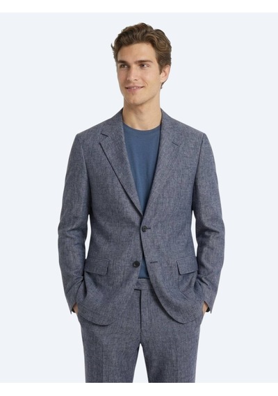 Kip Mavi Desenli Modern Fit Keten Karışımlı Takım Elbise