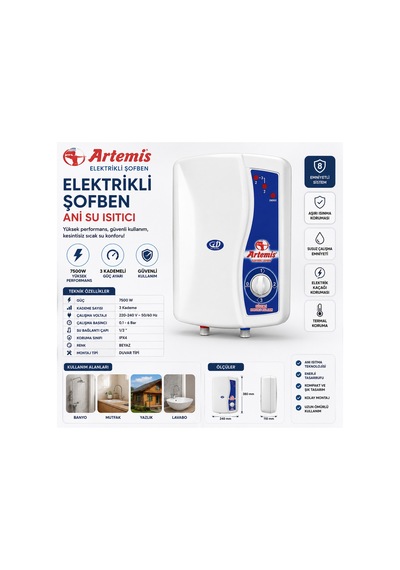 Elektrikli Şofben 3 Kademeli Ani Su Isıtıcı 7500w Beyaz