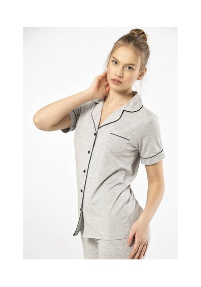 Düz Kısa Kollu Gömlek Yaka Pijama Takım 001
