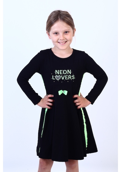 Toontoy Kız Çocuk Neon Lover Nakışlı Elbise Siyah