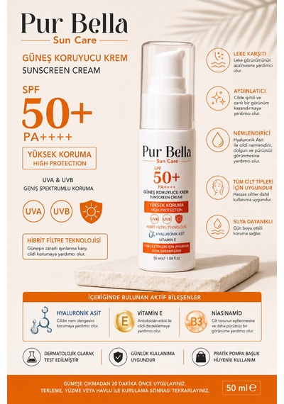 Pur Bella Güneş Kremi Spf+ 50 Leke Karşıtı Nemlendirici Aydınlatıcı Yüksek Koruma E Vitamini 50 Ml