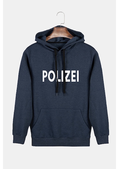 Unisex İndigo Kapüşonlu Polizei Baskılı Slim Fit Kanguru Cepli Sweatshirt Indigo