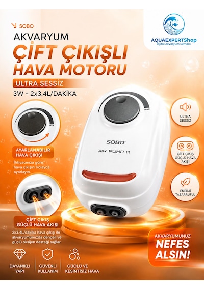 Akvaryum Hava Motoru - Çift Çıkışlı - Ultra Sessiz - Ayarlanabilir Hava Çıkışı - Ar-10 - 3w - 2x3.4lt/dakika