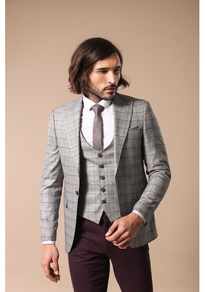 Wessi Ekose Siyah Ceket Gri Yelek Set 001