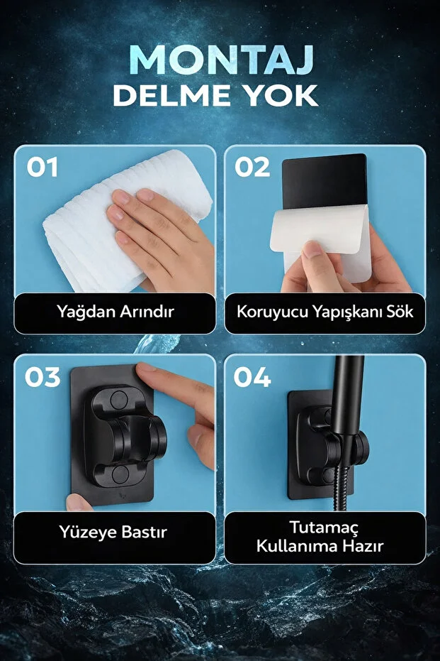 Duş Başlığı Seti Siyah 5 Fonksiyonlu Hortumlu Mafsal Tutuculu