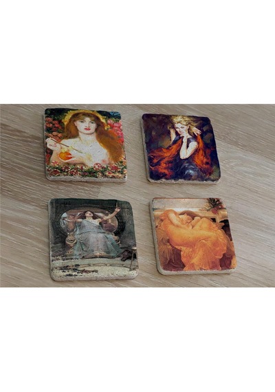 Rossetti Leighton Waterhouse Kadınları Doğal Taş Bardak Altlığı 4'lü Set - Natural Stone Coasters - Taş Çok Renkli