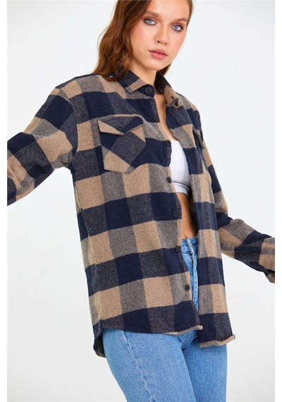 Tarz Cool Kadın Kahverengi-siyah Slim Fit Cepli Ekoseli Oduncu Gömlek-kkkodg001r04s Kahverengi-siyah