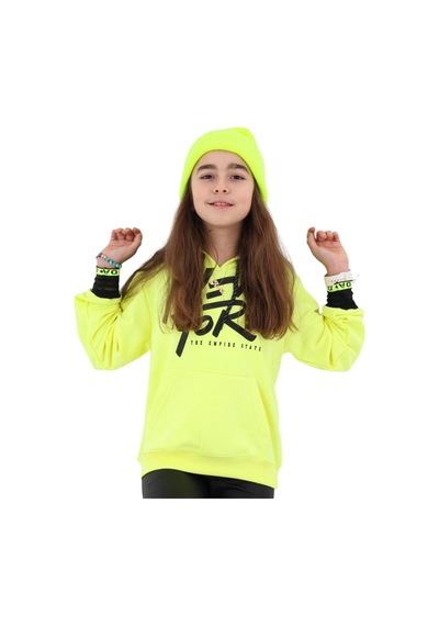 İrem Çocuk Giyim Kız Çocuk New York Desenli Kanguru Cepli Kapüşonlu Sweatshirt Sarı