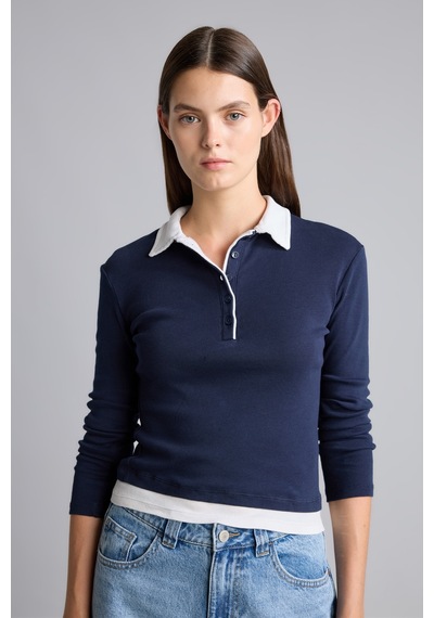 Defacto Slim Fit Kontrast Polo Yaka Ribana Uzun Kollu Basic Tişört I2637ax26aunv245 Lacivert-nv245