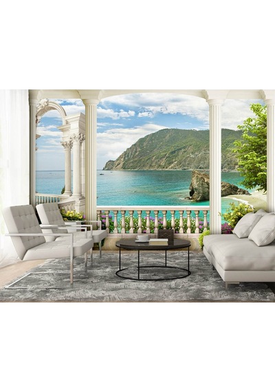 Sütunlu Çiçeklerle Süslü Balkon Manzarası Duvar Kağıdı