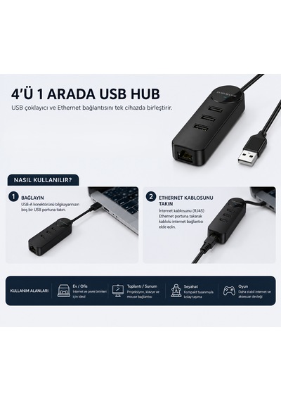 3'ü 1 Arada Usb 3.0 Çoklayıcı 3 Port + Rj45 Ethernet Lan Adaptörü