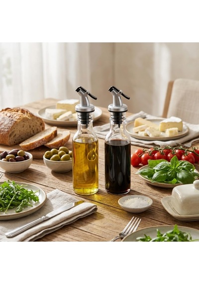 2 Li Cam Yağlık Sirkelik Seti, 300 Ml X 2, Akış Kontrollü Kapaklı Zeytinyağı Ve Sirke Şişesi, Salata Sosu Ve Sıvı Baharat Sunum Seti, Şeffaf