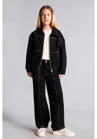 Defacto Kontrast Dikişli Barrel Fit Esnek Bantlı Paça Gabardin Pantolon Kız Çocuk I3480a826wnbk81 Siyah-bk81