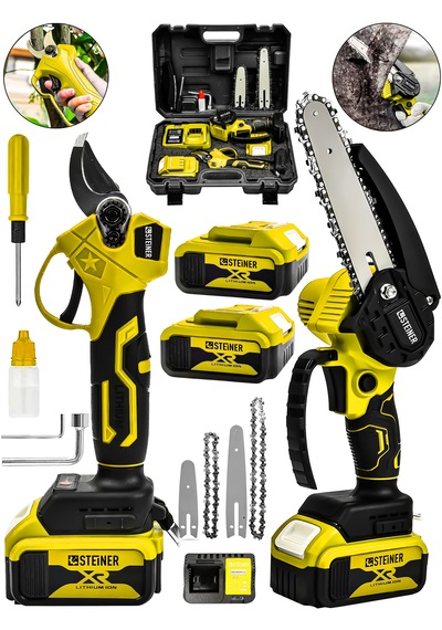 Steiner 18v Çift Akülü Çelik Şanzıman 35mm Dal Budama Makası & 15cm Budama Testeresi 2 Li Set Sarı