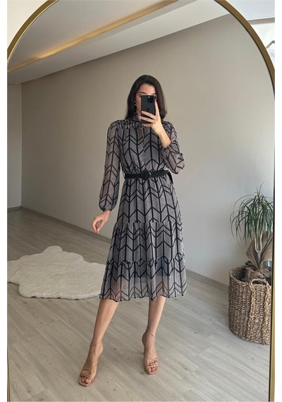 Neşeli Butik Kadın Yaka Lastikli Küçük Puantiyeli Midi Şifon Elbise Nm022 Siyah