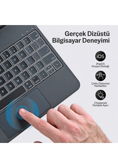 Bix Ik08p Manyetik Bluetooth Klavyeli İpad Kılıfı Çoklu Dokunmatik Yüzeyli 3 Kademeli Arka Aydınlatmalı İpad Pro Uyumlu Siyah