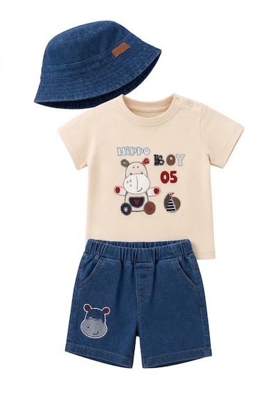 Lika&nika Erkek Bebek 3'lü Yazlık Takım - %100 Pamuklu Tişört, Lastik Belli Denim Şort Ve Şapka Açık Bej