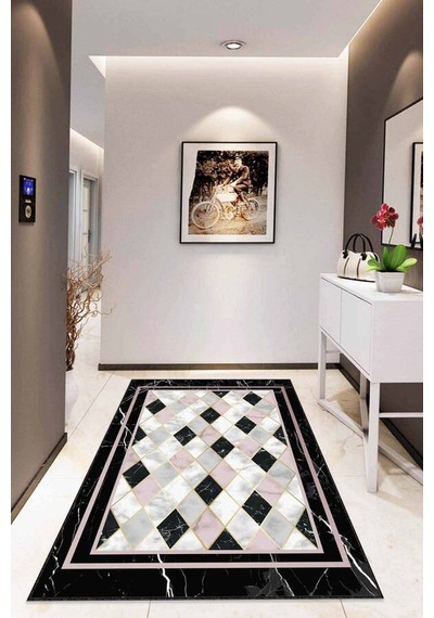 Pembe Geometrik Kaymaz Taban Makinede Yıkanabilir Halı Rv141n11