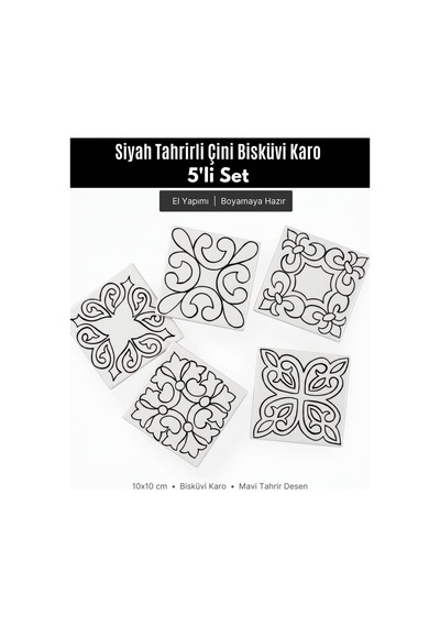 5'li Set 10x10 Cm Siyah Tahrirli Ham Çini Karo Bisküvisi